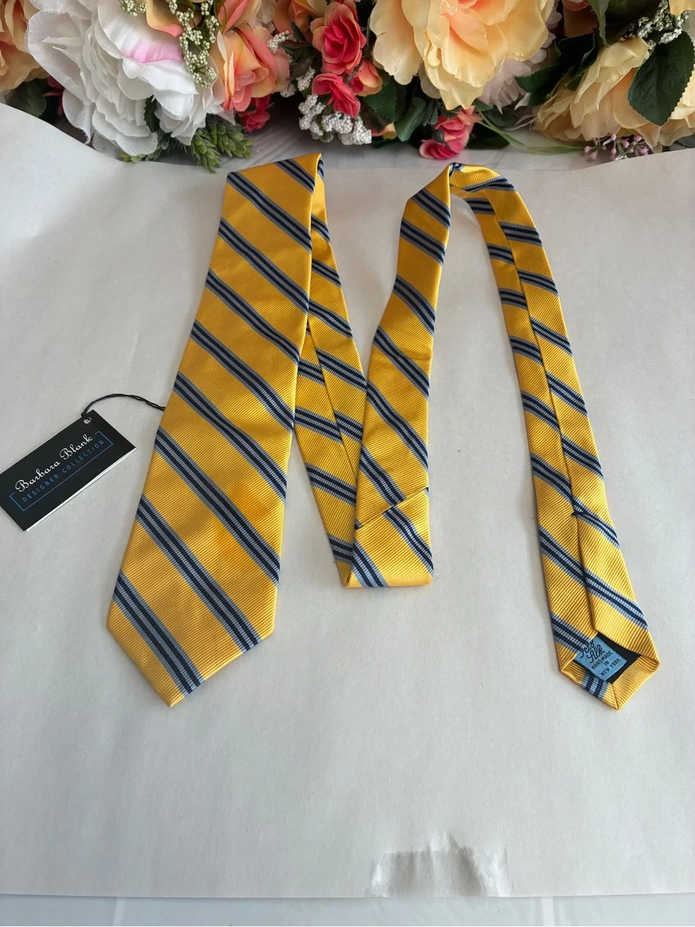 Barbara Blank Designer Collection Silk Striped Necktie Yellow Blue Handmade NY
